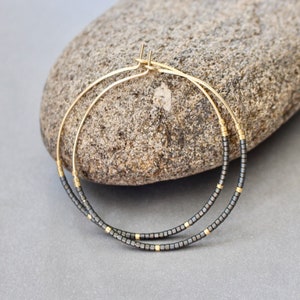 Steel Gray Beaded Hoop Earrings, Dainty hoop earrings, Gold hoop earrings, Seed bead hoop earrings, Simple hoop earrings