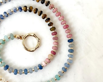 Rainbow Gemstone Beaded Necklace, Natural Stone Bead Necklace, 17 Inch Necklace, Colorful Gemstone Necklace, Jewelry Gift For Her,