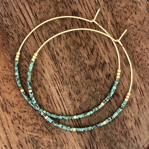 Turquoise and Gold Beaded Hoop Earrings, Dainty hoop earrings, Blue hoop earrings, Seed bead hoop earrings, Simple hoop earrings