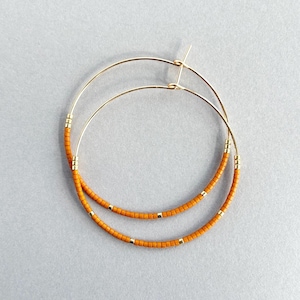 Pumpkin and gold Beaded Hoop, Boho hoop earrings, Gold hoop earrings, Seed bead hoop earrings, Simple hoop earrings, Fall earring hoops