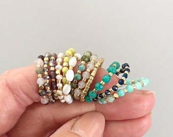 Gemstone & Glass Tiny Stretch Rings - Layered Stackable Beaded Jewelry - Roll On Beaded Rings