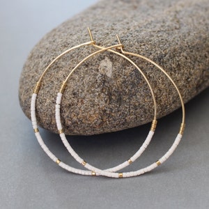 White Beaded Hoop Earrings, Dainty hoop earrings, Gold hoop earrings, Seed bead hoop earrings, Simple hoop earrings