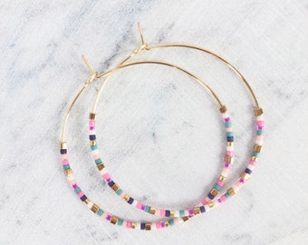 Colorful Hoop Earrings, Dainty hoop earrings, Multi colored hoop earrings, Colorful beaded earrings, Beaded hoops, Simple hoop earrings