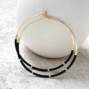 Handmade Black and Gold Beaded Hoops - Dainty 14K Gold Filled Earrings - Unique Jewelry Gift for Her - Lightweight Statement Earrings