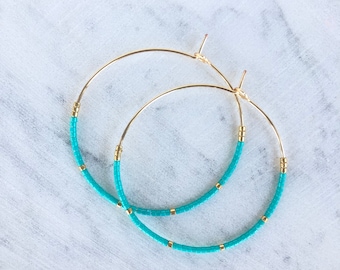 Turquoise and Gold Beaded Hoop Earrings, Dainty hoop earrings, hoop earrings, Blue hoop earrings, Simple hoop earrings,  Beaded earrings