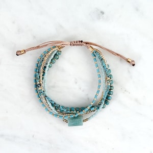 Adjustable Turquoise Seed Bead Bracelet | Boho Gold Accent Layered Style