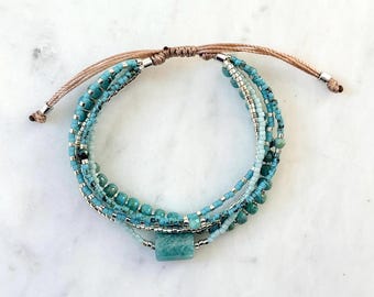 Turquoise Silver Bracelet Stack, 5 Strand Adjustable Beaded Bracelet, Turquoise Seed Bead Bracelet, Handmade Boho Layered Jewelry Gift