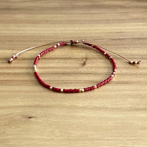 Dark red beaded bracelet, Tiny beaded bracelet, Adjustable bracelet, Seed bead bracelet, Boho bracelet, red and gold bracelet, bracelets
