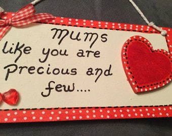 Mum heart plaque hanging sign red white hearts quote gift handmade