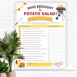 BBQ Party Printable Game, "Who Brought the Potato Salad" for Cookouts, Employee Picnics, Summer Potluck, Church Picnics, and Family Reunions