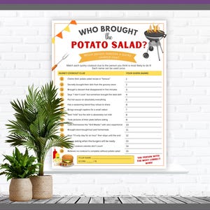 Könnte beinhalten: Ein gedrucktes Spielblatt mit dem Titel Who Brought the Potato Salad? mit einer Liste von fünfzehn Grill-Hinweisen, einer nummerierten Spalte für Tipps, einer Grill-Illustration, orangefarbenen Wimpeln sowie Burger- und Saucengrafiken.