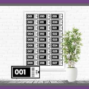 May include: A sheet of black and white numbered tickets, each with a barcode. The numbers range from 001 to 027. A single ticket is displayed separately. A potted bamboo plant sits to the right against a white brick wall.