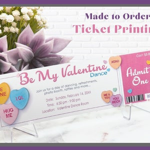 Valentinstag gedruckte Ticket-Einladung für Sweetheart Tanz oder Schulparty mit sequentieller Nummerierung