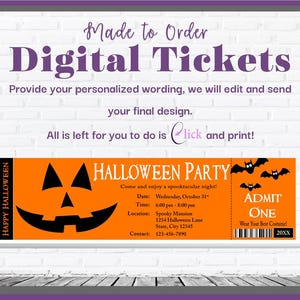 Op de afbeelding: Een digitaal Halloween-feestticket-sjabloon met een oranje achtergrond, een zwarte pompoengrafiek en tekst met "HALLOWEEN PARTY", "ADMIT ONE" en "HAPPY HALLOWEEN". Het ontwerp bevat tijdelijke aanduidingen voor datum, tijd, locatie en contactgegevens.