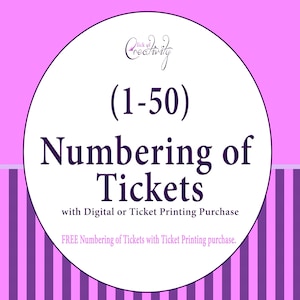 Pode incluir: Um fundo listrado rosa e roxo com um círculo branco no centro. O círculo contém o texto "Click of Creativity" em uma fonte cursiva roxa. O texto "(1-50) Numbering of Tickets" está em uma fonte preta sem serifa. Abaixo do texto está a frase "with Digital or Ticket Printing Purchase" em uma fonte preta sem serifa menor. O texto "FREE Numbering of Tickets with Ticket Printing purchase." está em uma fonte preta sem serifa menor.