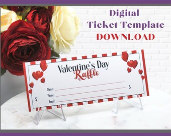 Valentine's Day Raffle Editable Ticket Template with Red and White with Hearts