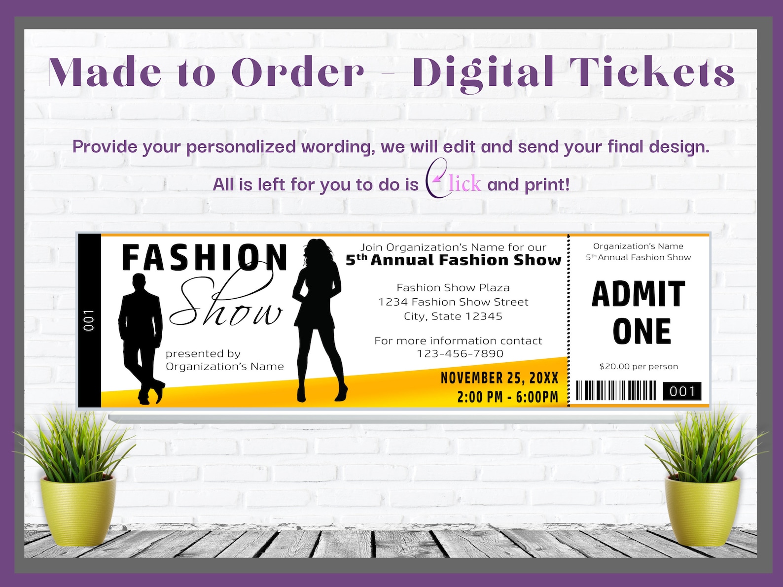 Fashion Show Ticket Invitation With Numbering and Perforation Yellow