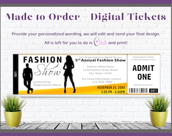 Fashion Show Ticket Invitation with Numbering and Perforation; Yellow and Black Fashion Show Ticket Invitation; Fashion Show Raffle Ticket;