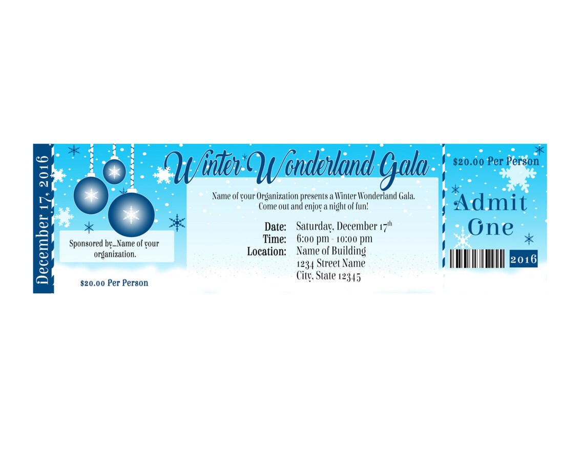 Winter Wonderland Gala Ticket Invitation Blue Winter Etsy