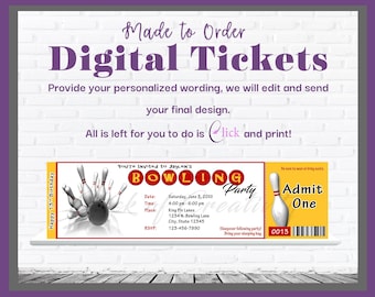 Bowling Party Invitation Ticket;Yellow And White Bowling Invitation; Boys Bowling Invitations; Bowling Ally Party Invitation