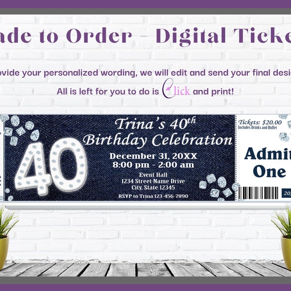 Denim and Diamonds Birthday / Anniversary Party Ticket Themed Invitation