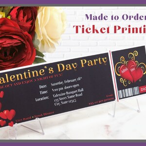 Valentinstagsparty Gedruckte Ticket-Einladung in Schwarz und Gold mit roten Herzen und sequenzieller Nummerierung