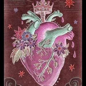 May include: A tarot card illustration featuring a stylized, purple heart adorned with flowers and a crown. The heart has green, hand-like appendages and is decorated with floral elements. The background is a dark brown with stars and the number 24.