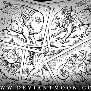 May include: Black and white line art illustrations of four fantastical creatures. Each creature is depicted in a different pose and has unique features, such as horns, wings, and scales. The illustrations are set against a background of stars.