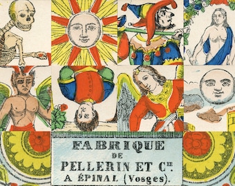 May include: A vintage set of playing cards featuring colorful illustrations of a skeleton, sun, jester, angel, devil, and moon. The cards are labeled "Fabrique de Pellerin et C". A Epinal (Vosges)."