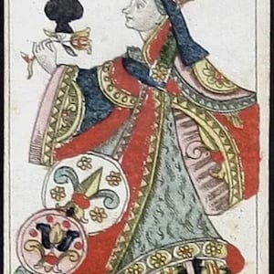 May include: A Queen of Spades playing card with a black spade suit, a red and gold patterned dress, and a crown on her head. She is holding a black spade in her right hand and a red flower in her left hand.