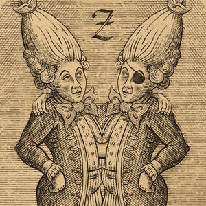 Può includere: Un'illustrazione in bianco e nero di due persone con parrucche grandi ed elaborate. Indossano giacche abbinate e si abbracciano. La lettera "Z" è stampata sopra di loro.