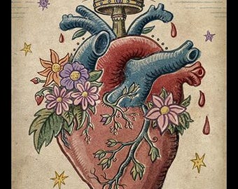 May include: A vintage-style illustration of a human heart with a crown on top. The heart is surrounded by flowers and vines, and there are stars and clouds in the background. The number 24 is in the top left corner.