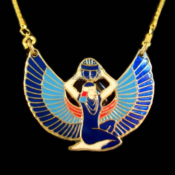 Amazing Egyptian Hand Made Brass Enameled Goddess Isis Colored Necklace Isis Jewelry Isis Pendant- Isis Necklace - Isis Charm - Winged isis