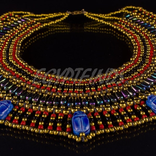 Charming Egyptian Beaded Cleopatra 7 Scarabs Necklace Collar