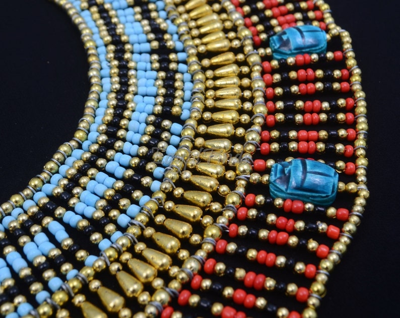 Lovely Ancient Egyptian Beaded Cleopatra 9 Scarabs Necklace Collar image 3