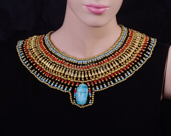 Cute Ancient Egyptian Beaded Cleopatra Large Scarab Necklace Collar