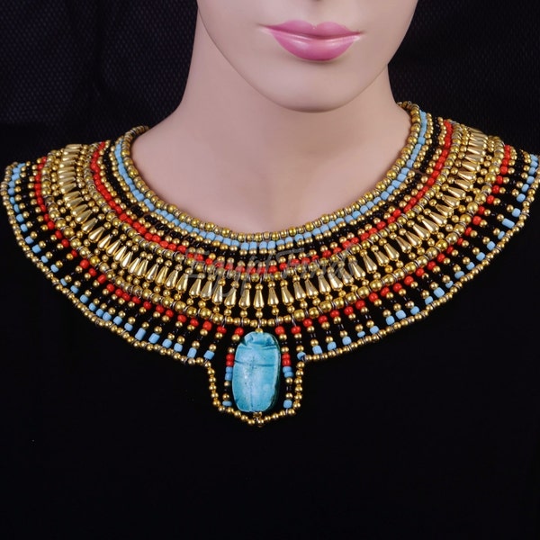 Cute Ancient Egyptian Beaded Cleopatra Large Scarab Necklace Collar