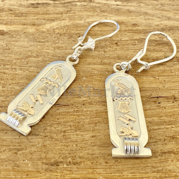 Egyptian Personalized Sterling Silver Cartouche Earrings With Lotus ,Personalised Cartouche Name Earrings