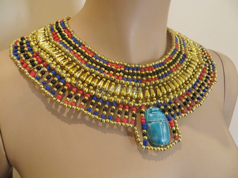 Ancient Egyptian Beaded Cleopatra Large Scarabs Necklace Collar image 3