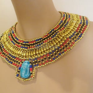 Ancient Egyptian Beaded Cleopatra Large Scarabs Necklace Collar image 2