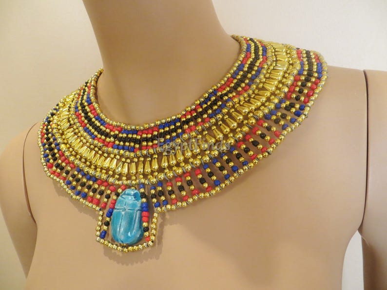 Ancient Egyptian Beaded Cleopatra Large Scarabs Necklace Collar image 2