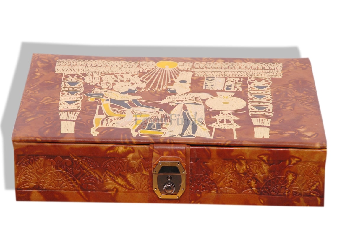 Large Amazing Egyptian Leather Jewelry Box Throned King Tut Etsy