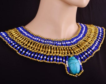 Alluring Egyptian Beaded Cleopatra Large Scarabs Necklace Collar