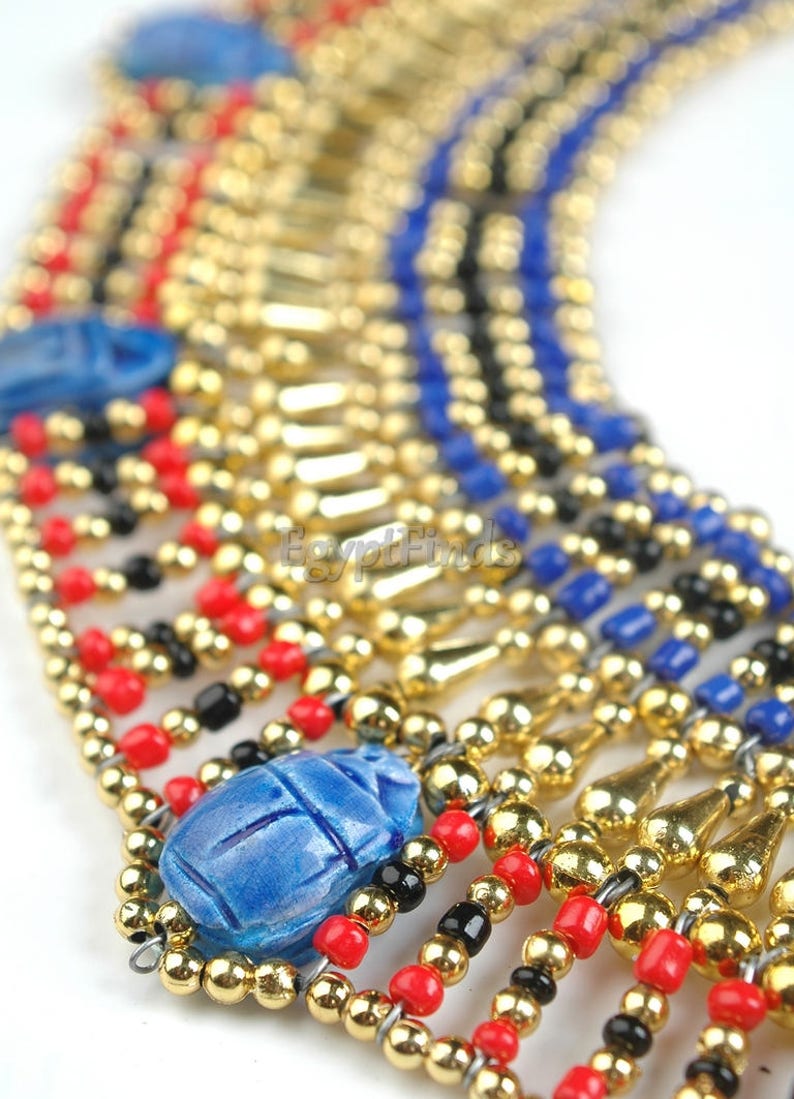 Superb Egyptian Beaded Cleopatra 7 Scarabs Necklace Collar