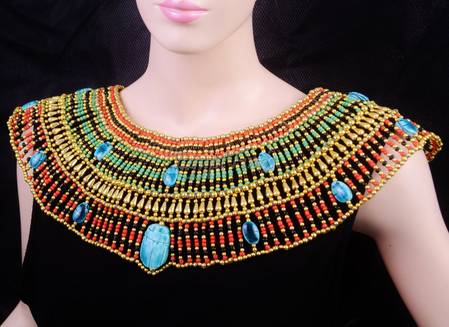Details about   Gorgeous Egyptian Hand Made Beaded Cleopatra Scarab Necklace Collar Halloween 