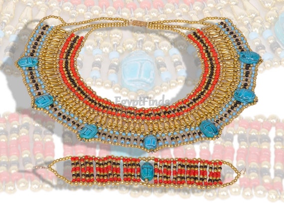 LRG Egyptian Handcrafted Beaded Queen Cleopatra Necklace With 7 Scarabs 