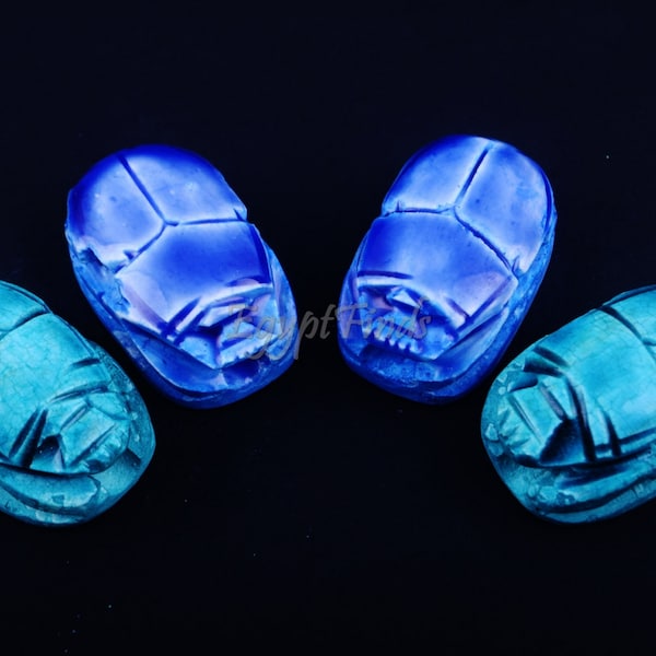 4 Large Egyptian Blue Hand Made Carved Luck Scarabs With Hieroglyphic