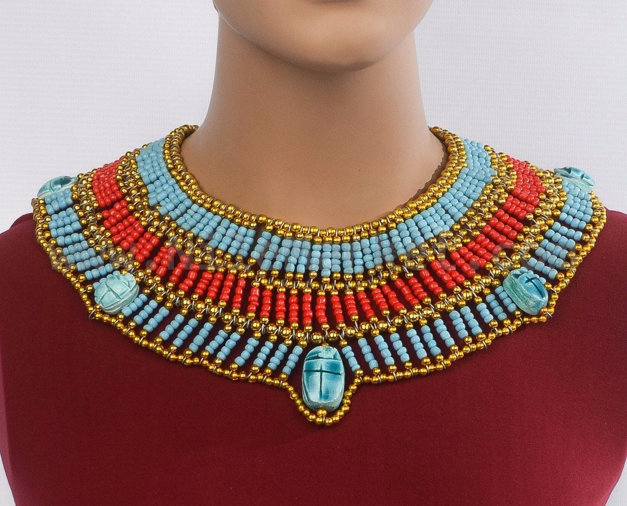 Egyptian Beaded Cleopatra 7 Scarabs Necklace Collar