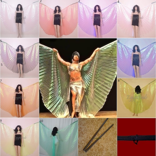 Egyptian Professional Belly Dance Costume Rainbow Iridescent Isis Wings With Bag & Sticks From Egypt WORLD WIDE Express Shipping