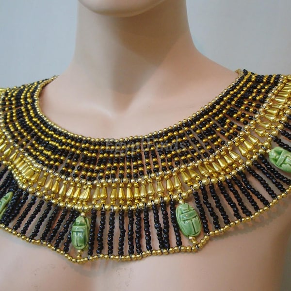 Large Egyptian Beaded Cleopatra Necklace Collar With 9 Scarabs